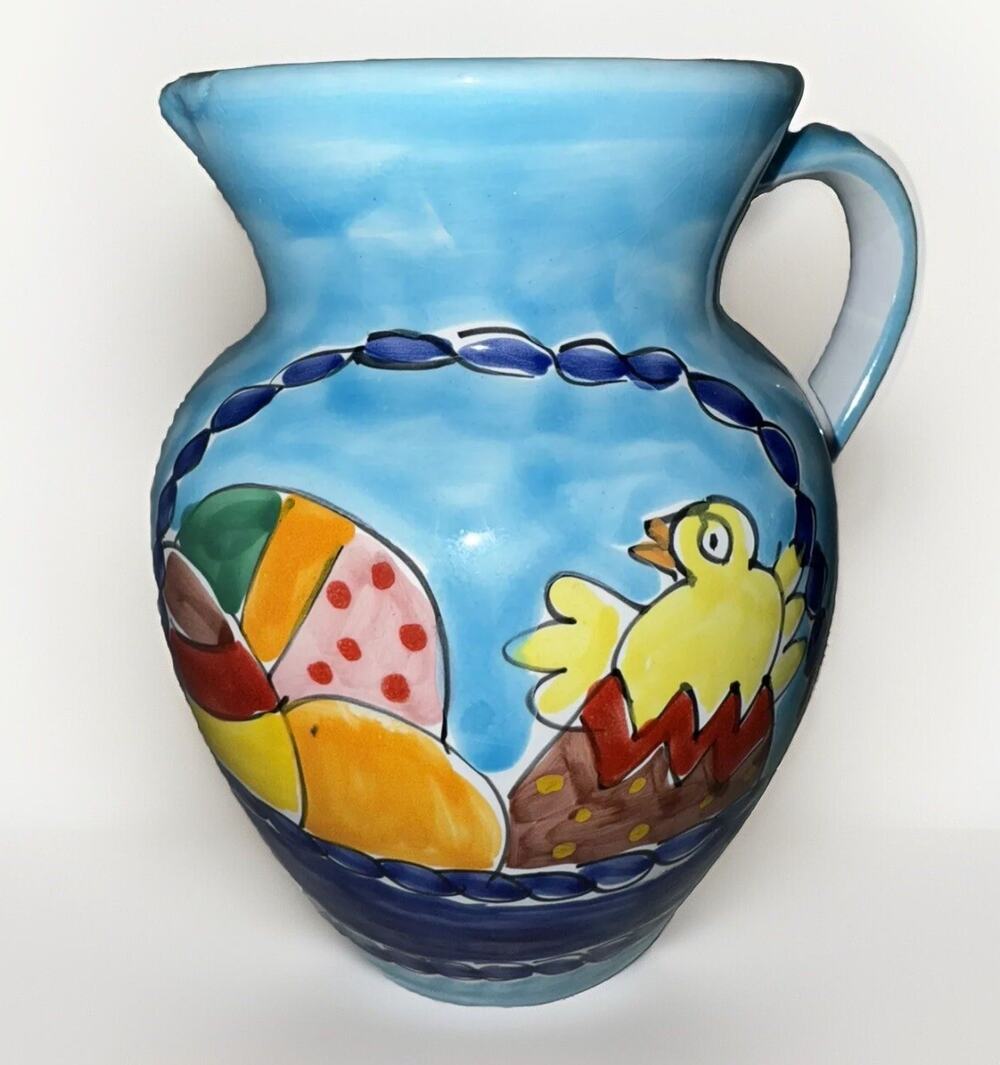 Italian Pitcher Easter Blue Pottery LA MUSA Chick In Basket With Eggs VINTAGE